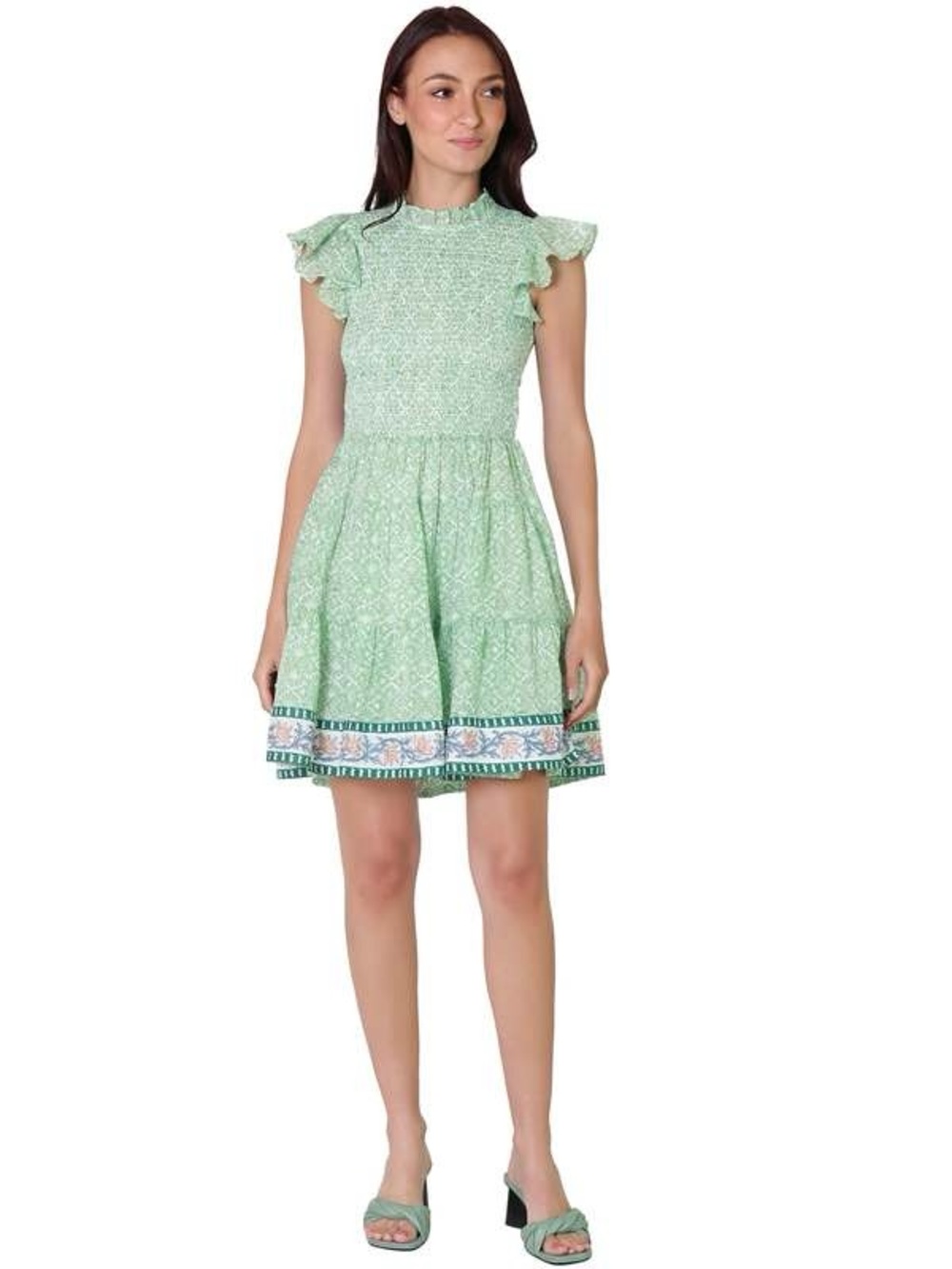 Oliphant Smocked flirty short dress in Jamali green - XXS